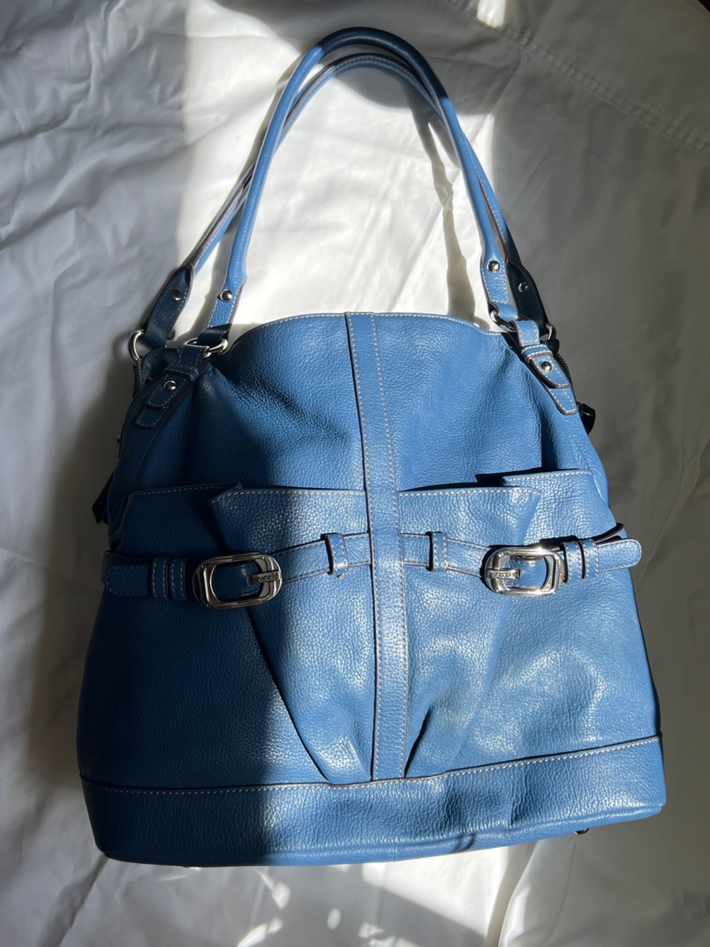 Tignanello Blue Pebbled Leather Oversized Hobo Shoulder Bag Silver Buckles Tote